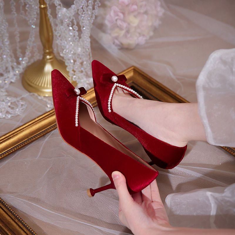 Women'S Fashion Quick Delivery - Sepatu Wanita Mutiara Hak Tinggi Merah