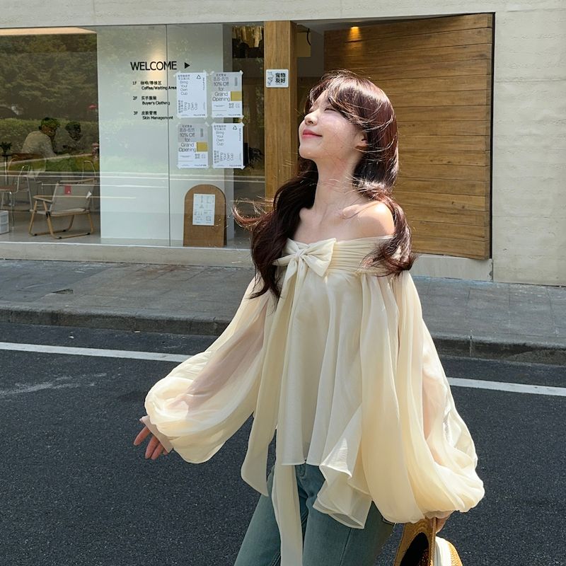 Kemeja Lengan Puff Gaya Pranci - Off Shoulder Top ulasan dan harga