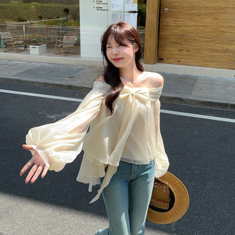 Kemeja Lengan Puff Gaya Pranci - Off Shoulder Top ulasan dan harga